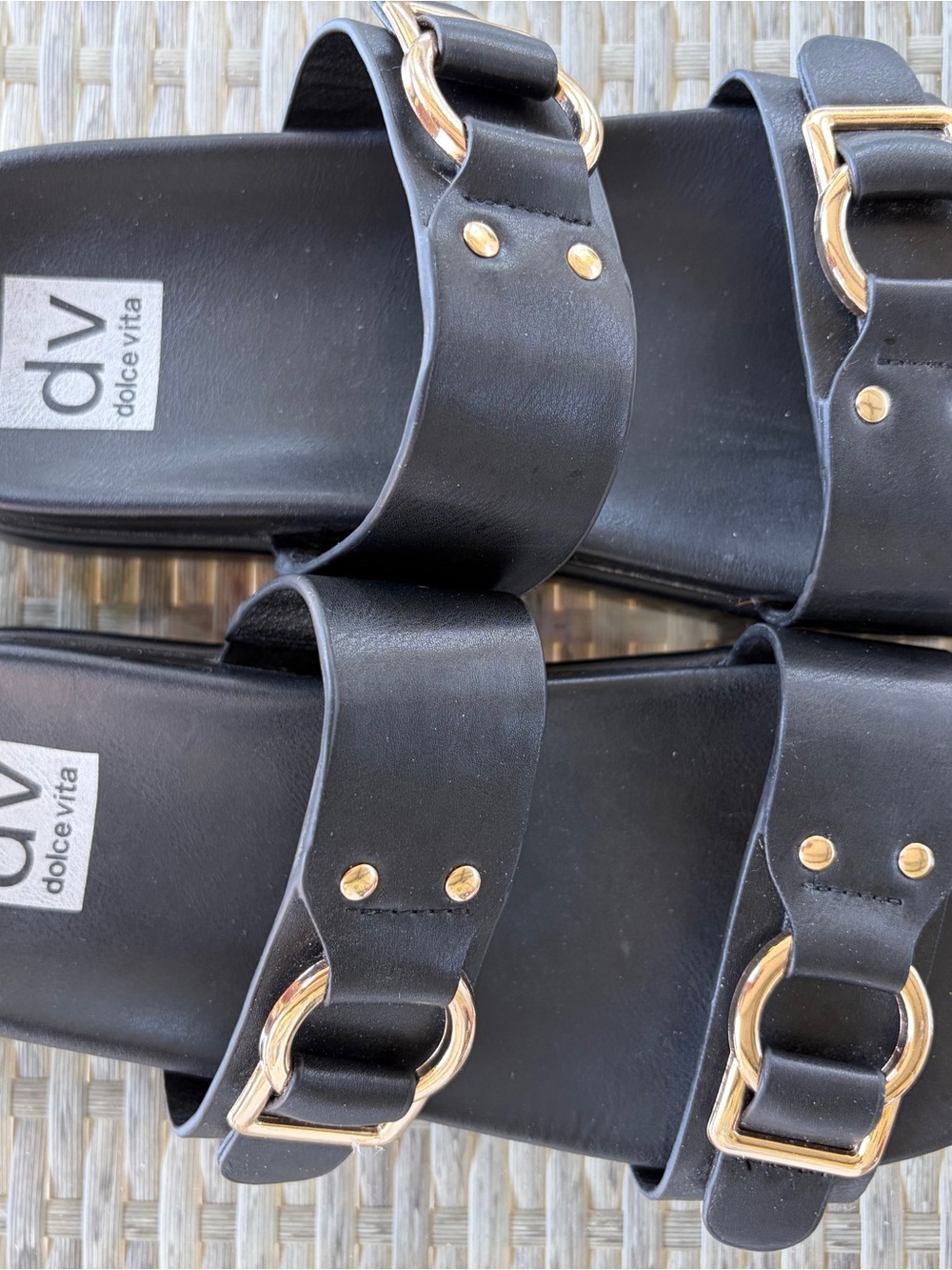 Dolce Vita Black Slide Sandals with Gold Buckle Accents Size 8 EUC